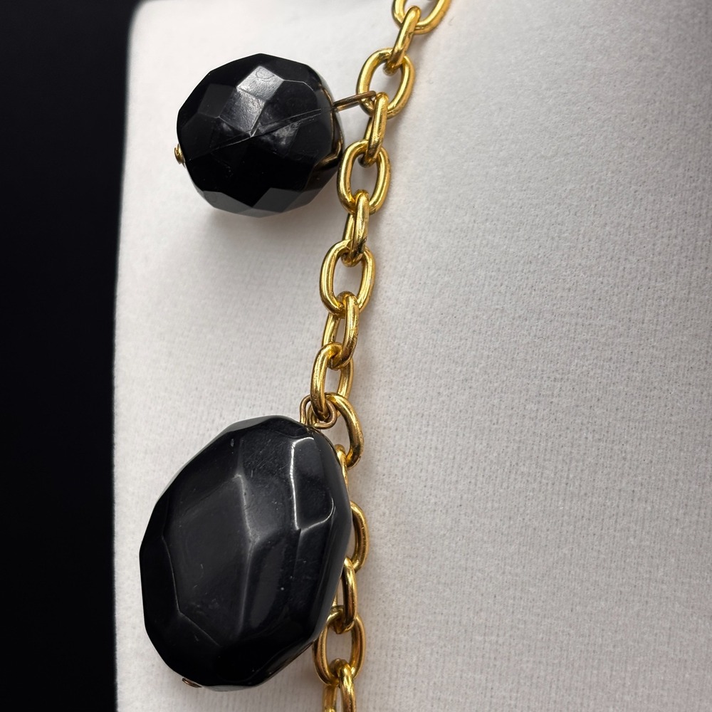 Vintage Gold Tone Chain Black Faceted Bead Statement Necklace Over The Head Y2K - Picture 5 of 9